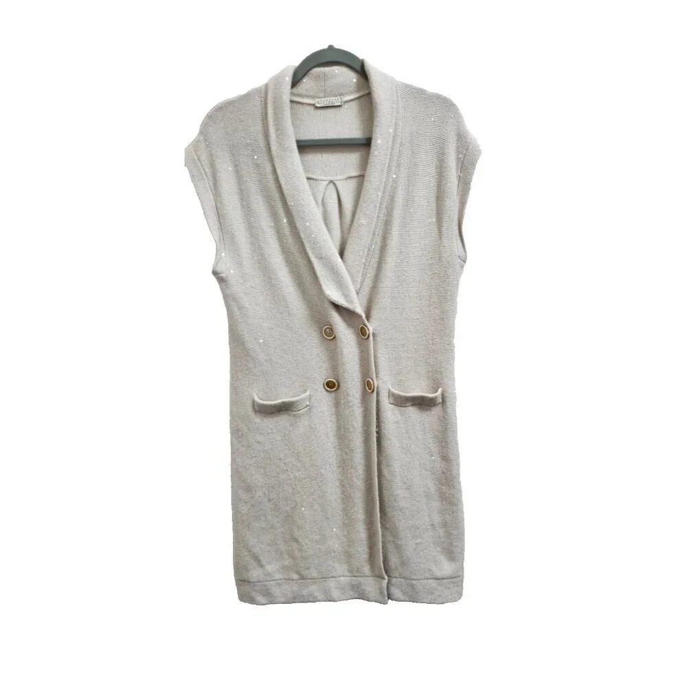 Brunello Cucinelli Cashmere Sleeveless Shawl Cardigan Speckled Knit Vest Double
